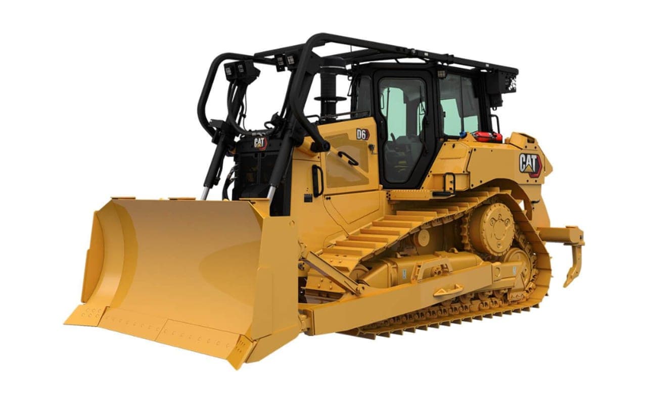 Bulldozer amarillo tamaño D6 con hoja frontal y ripper