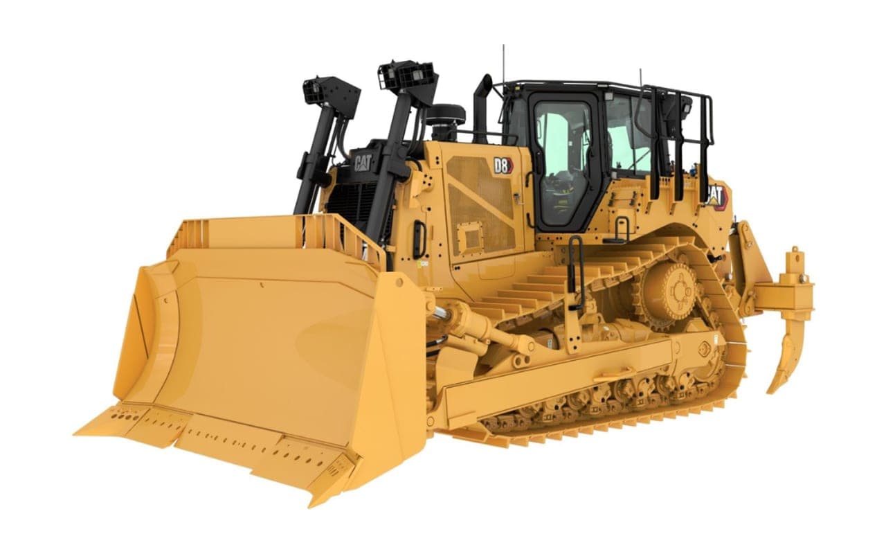 Bulldozer amarillo tamaño D8 con hoja frontal y ripper