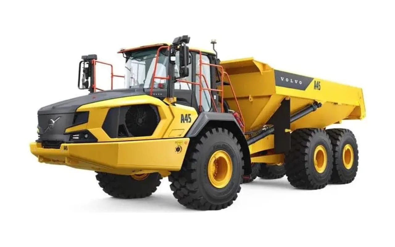 Camión articulado amarillo con tolva para movimiento de tierra